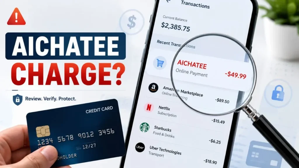 AICHATEE charge on credit card shown on a mobile banking statement with highlighted transaction