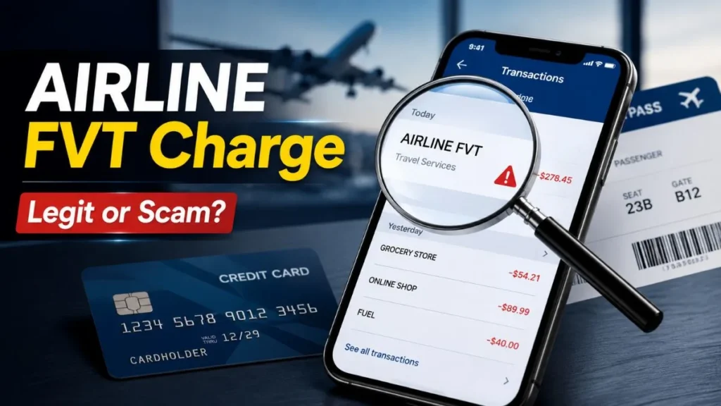 Airline FVT charge on credit card shown on a banking app with credit card and airplane travel background