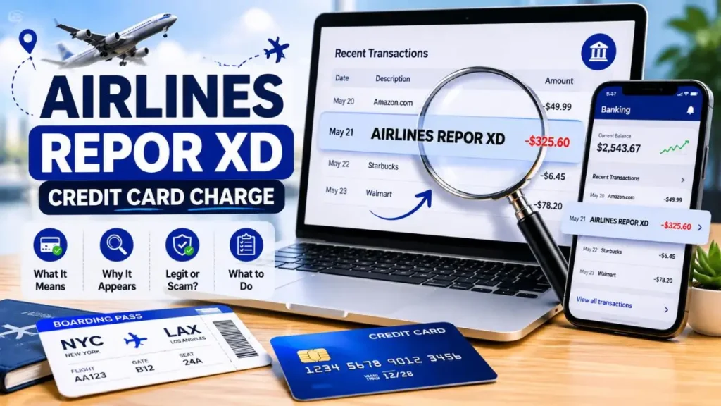 Airline FVT charge on credit card shown on a banking app with credit card and airplane travel background