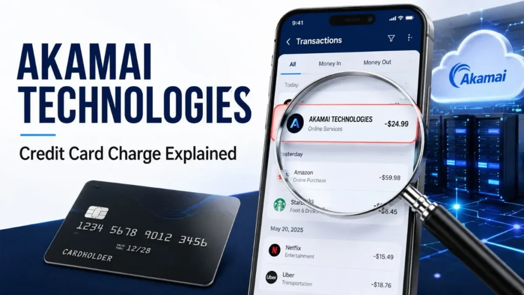 Akamai Technologies charge on credit card statement shown on a banking app with a highlighted transaction and credit card
