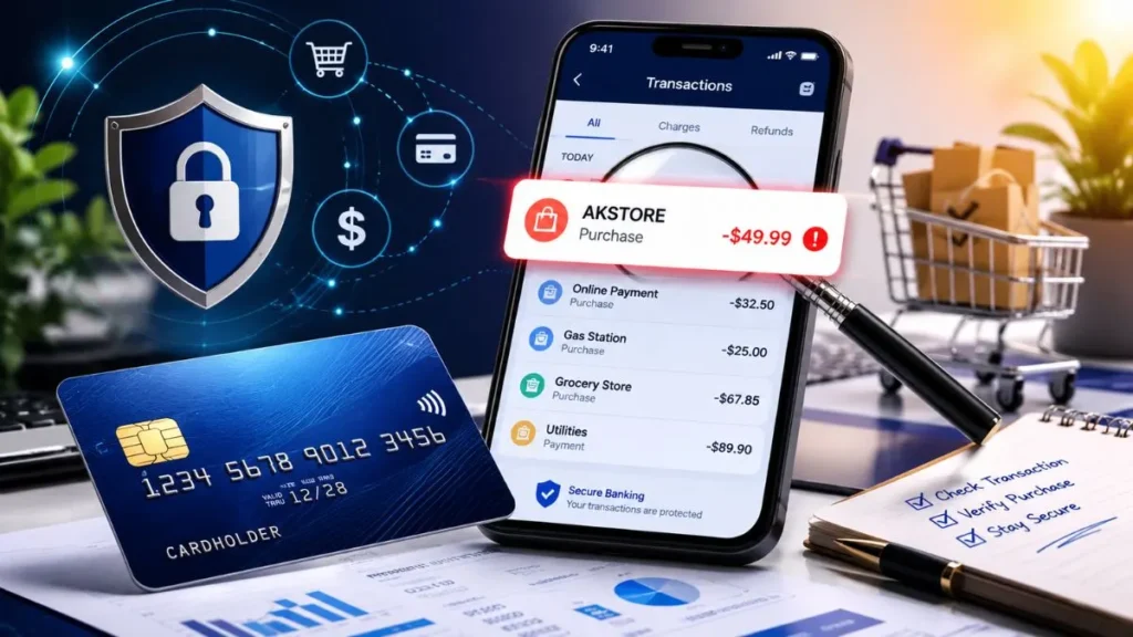 AKSTORE charge on credit card displayed on a mobile banking app with a credit card and transaction investigation concept