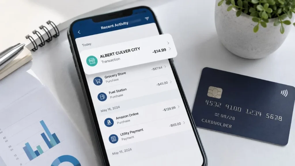 Albert Culver City charge on credit card transaction displayed on a mobile banking app with a credit card and financial statement review