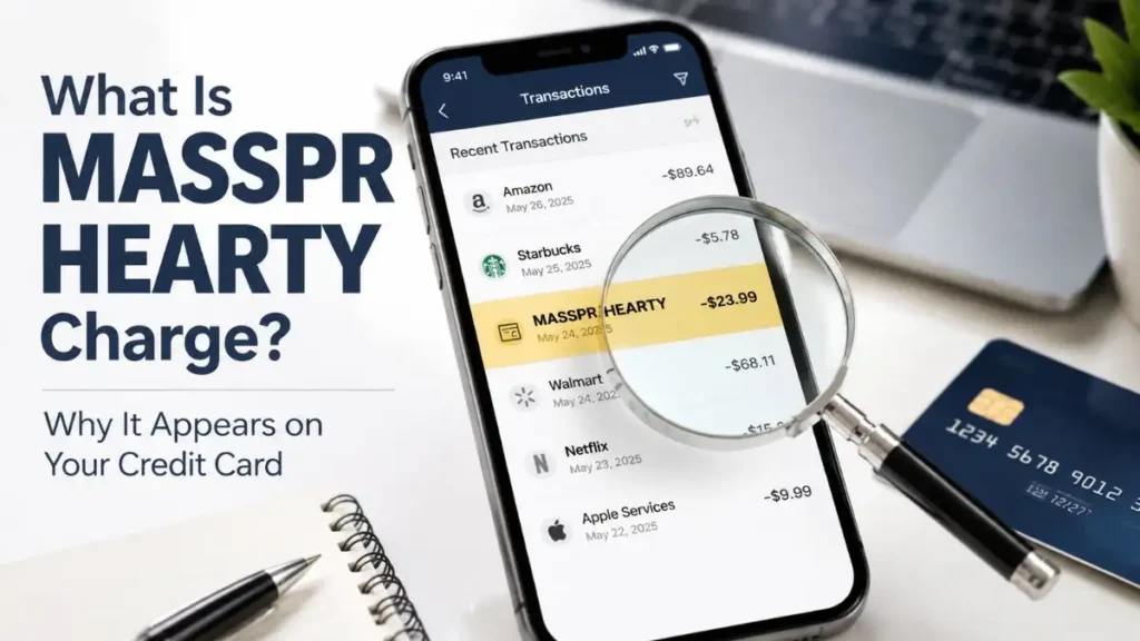 MASSPR HEARTY charge on credit card displayed in a mobile banking app with a magnifying glass highlighting the transaction on a financial blog feature image.