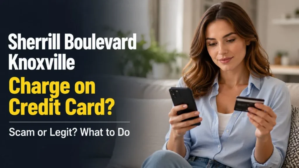 Woman reviewing a Sherrill Boulevard Knoxville charge on credit card while checking an unknown transaction on her smartphone