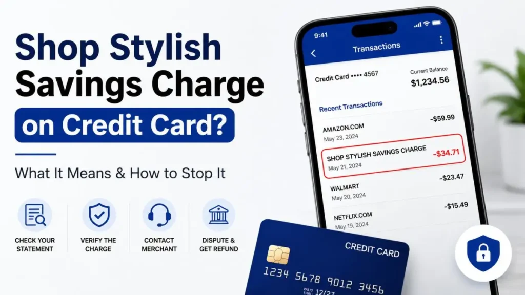 Shop Stylish Savings charge on credit card highlighted on a bank statement with fraud warning and credit card user