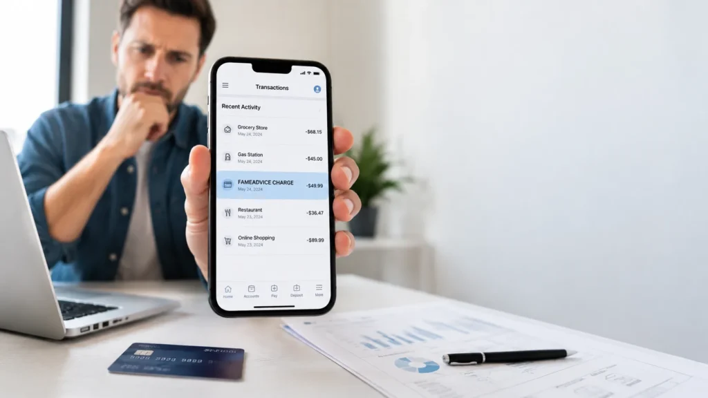 FAMEADVICE charge on credit card displayed on a mobile banking app statement