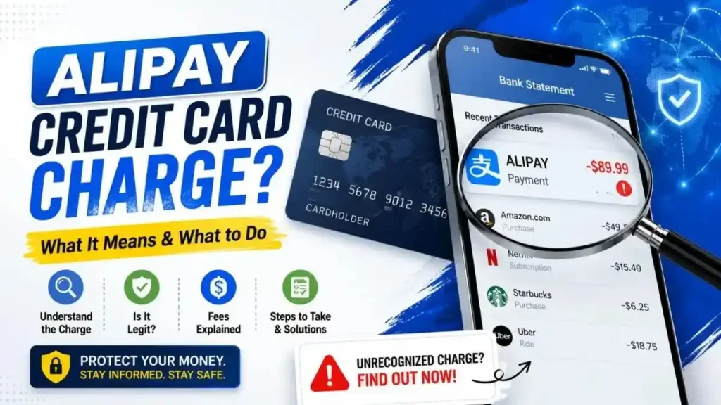 ALIPAY credit card charge explained on a banking app screen with a credit card and magnifying glass showing an ALIPAY transaction