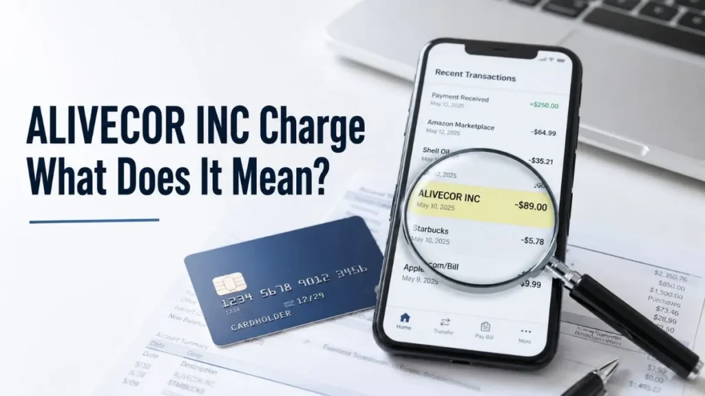 ALIVECOR INC charge on credit card statement displayed in a mobile banking app with a magnifying glass highlighting the transaction