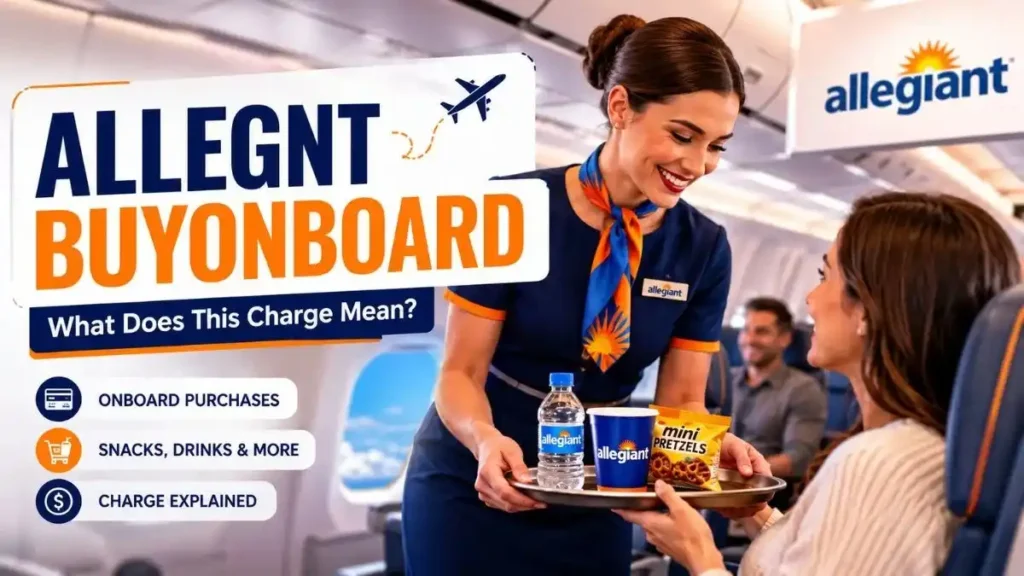 ALLEGNT BUYONBOARD charge on credit card explained with Allegiant Air flight attendant serving a passenger during an onboard purchase