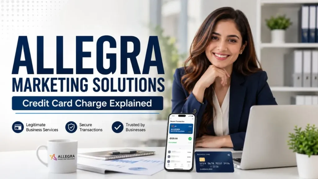 Allegra Marketing Solutions credit card charge explained with a corporate professional, banking app transaction, and business marketing dashboard