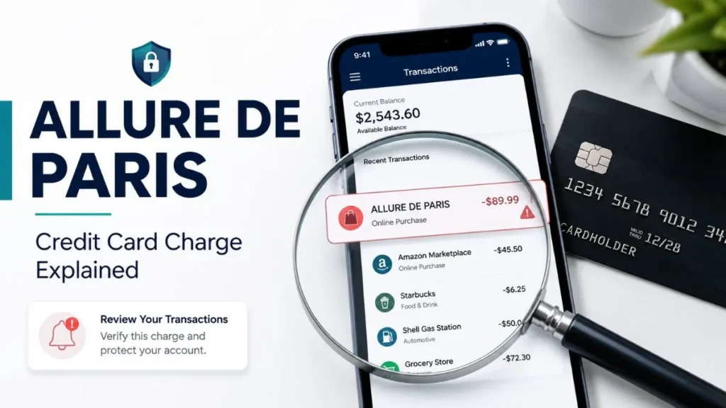 ALLURE DE PARIS credit card charge explained with banking app transaction alert and credit card investigation concept