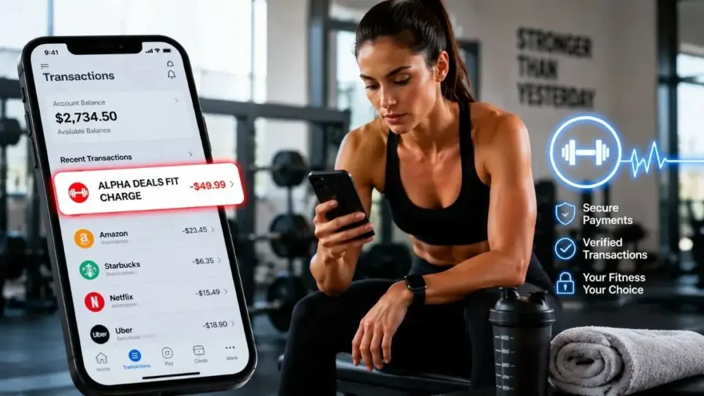 Professional woman in gym checking smartphone with ALPHA DEALS FIT charge on credit card shown in banking app, explaining fitness subscription billing concept