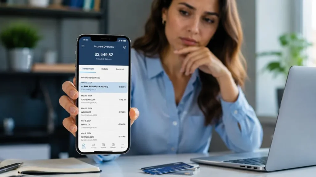 Alpha Reports charge on credit card displayed in a banking app on a smartphone screen