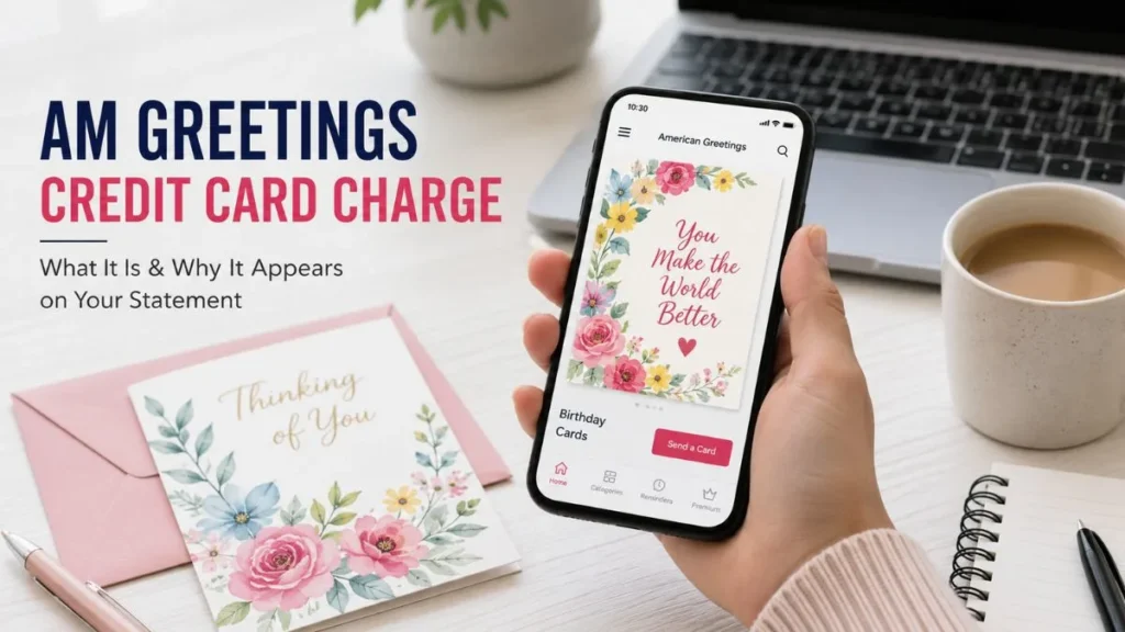 Woman reviewing AM GREETINGS credit card charge on a banking app statement