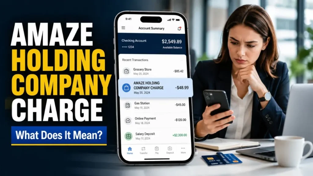 AMAZE HOLDING COMPANY charge on credit card statement displayed on a banking app