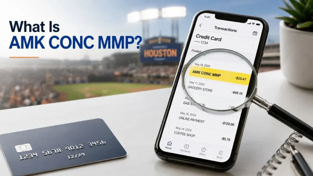 AMK CONC MMP credit card charge displayed on a mobile banking app with magnifying glass highlighting the transaction descriptor