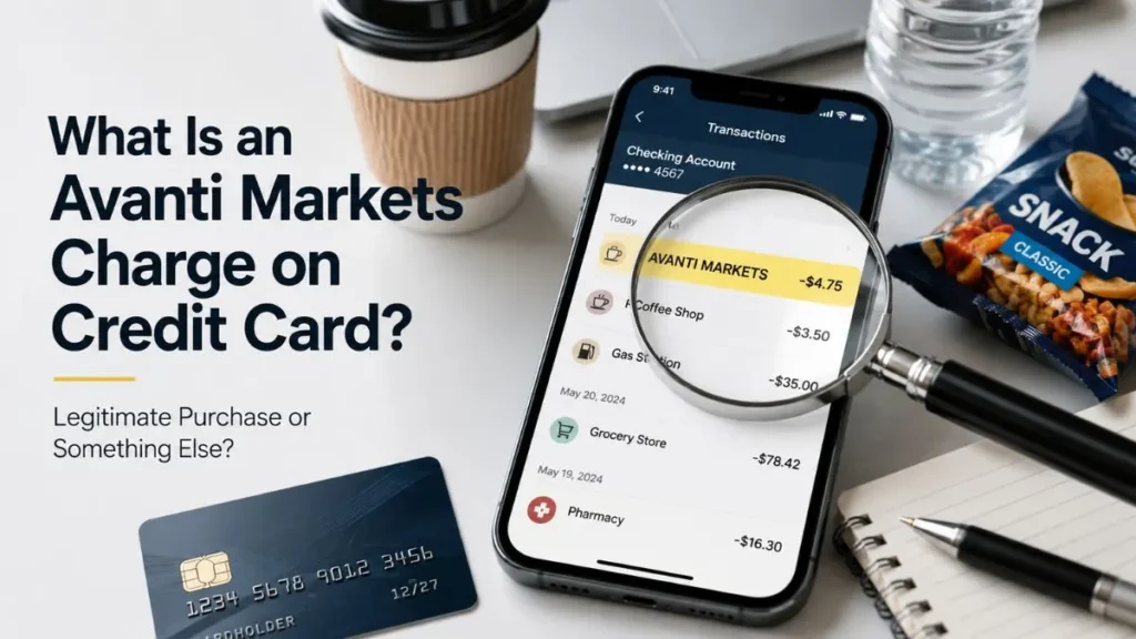Avanti Markets charge on credit card shown in a mobile banking app with transaction verification and workplace micro market purchase concept