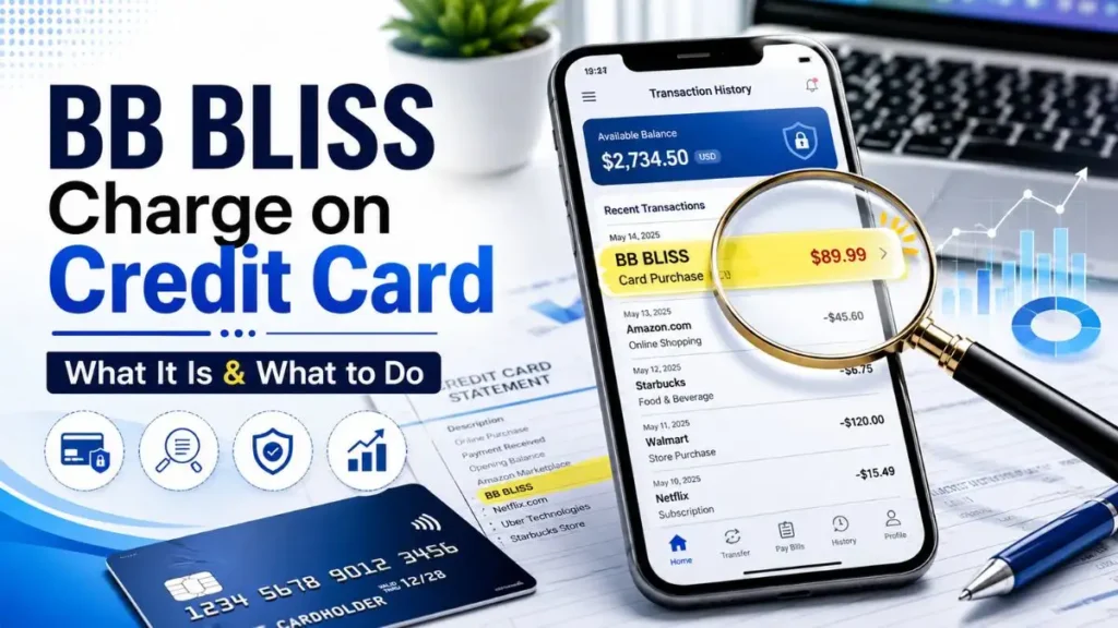 BB BLISS charge on credit card displayed on a mobile banking app with a magnifying glass highlighting the transaction