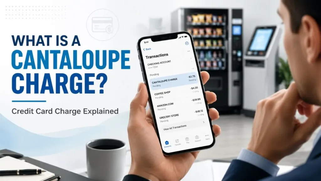 Cantaloupe charge on credit card statement displayed on a banking app with vending machine in the background