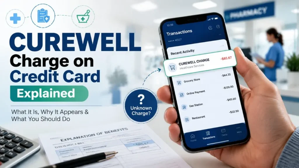 CUREWELL charge on credit card explained USA guide showing unknown medical billing on smartphone banking app with confused user and healthcare background