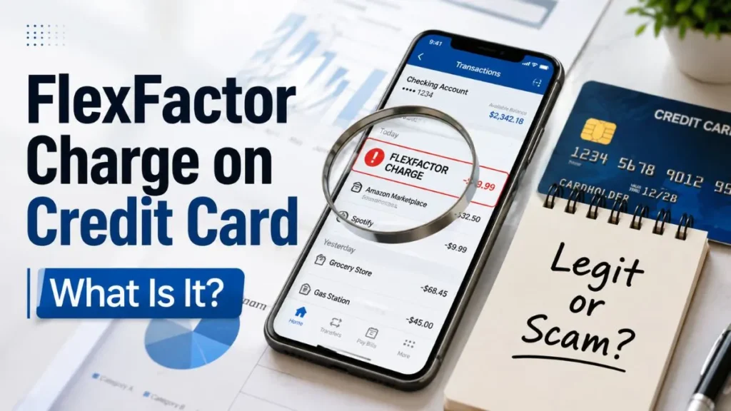 FlexFactor charge on credit card shown in a mobile banking app with transaction details and payment investigation concept