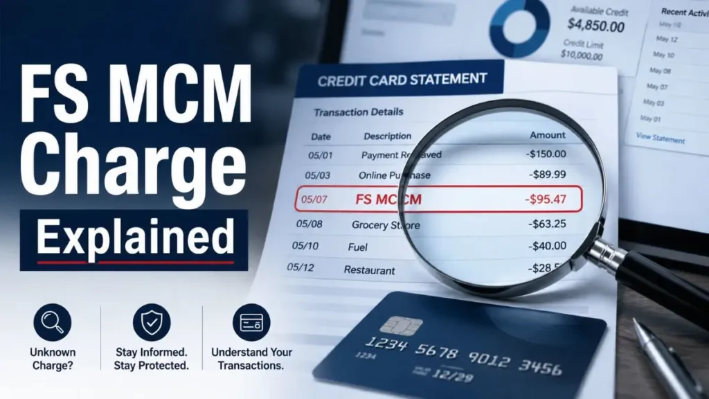 FS MCM charge on credit card statement highlighted with a magnifying glass explaining the meaning of an unknown transaction