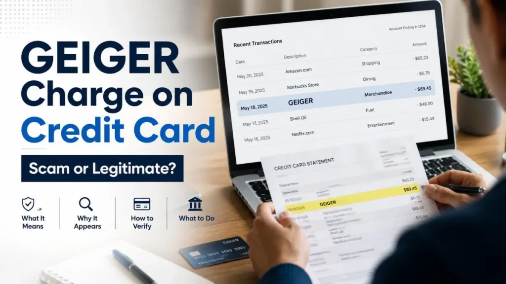 Person reviewing a credit card statement showing a GEIGER charge while verifying whether the transaction is legitimate or fraudulent.