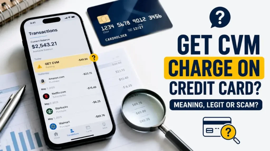 GET CVM charge on credit card shown on a mobile banking app with transaction investigation concept