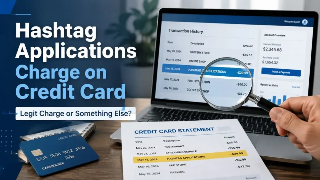 Hashtag Applications charge on credit card statement displayed on a laptop screen with transaction details and payment records