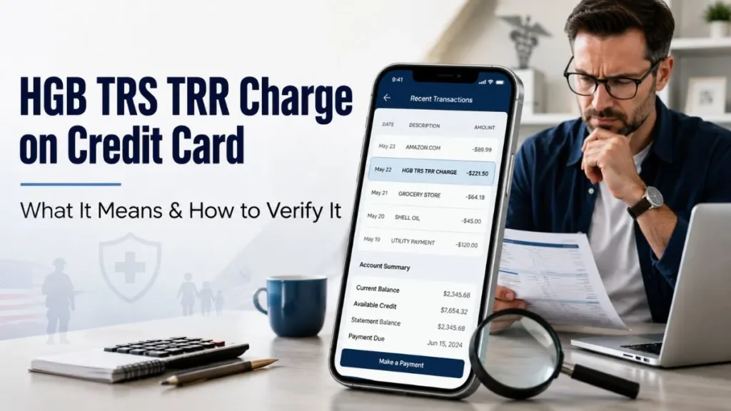 HGB TRS TRR charge on credit card shown in a mobile banking app with transaction verification and TRICARE payment investigation concept