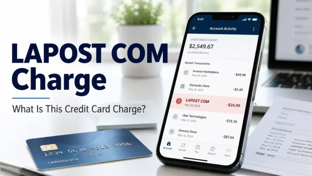 LAPOST COM charge on credit card displayed in a mobile banking app on a smartphone