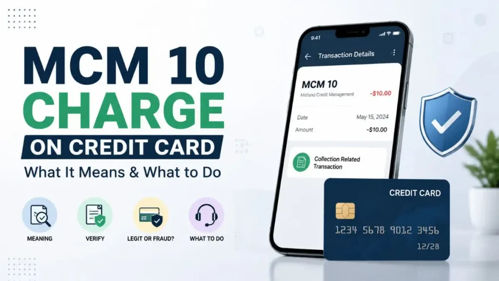 MCM 10 charge on credit card explanation showing Midland Credit Management debt collection transaction, billing descriptor meaning, and verification process in USA