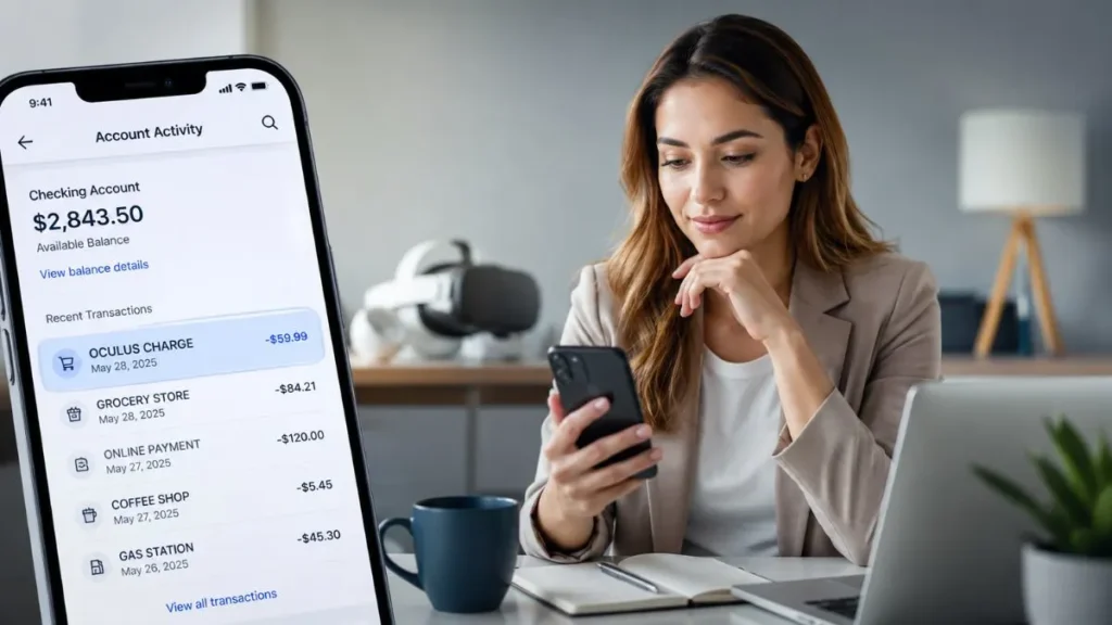 Oculus charges on credit card shown on a banking app while a user reviews a Meta Quest related transaction