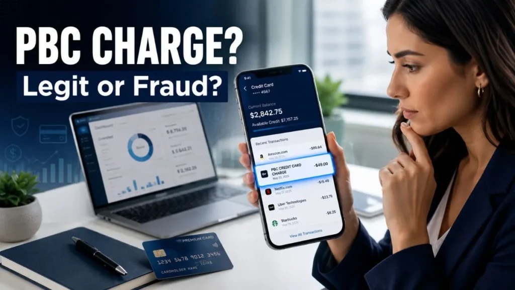 Professional woman reviewing a PBC Credit Card Charge on a banking app to determine whether the credit card transaction is legitimate or fraudulent