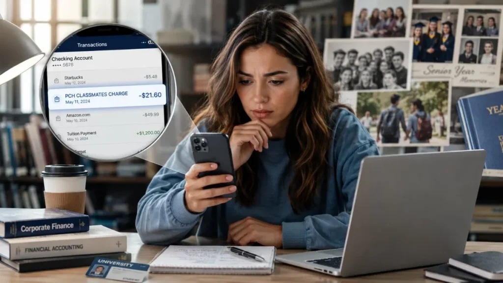 College student checking a PCH Classmates charge on credit card through a mobile banking app