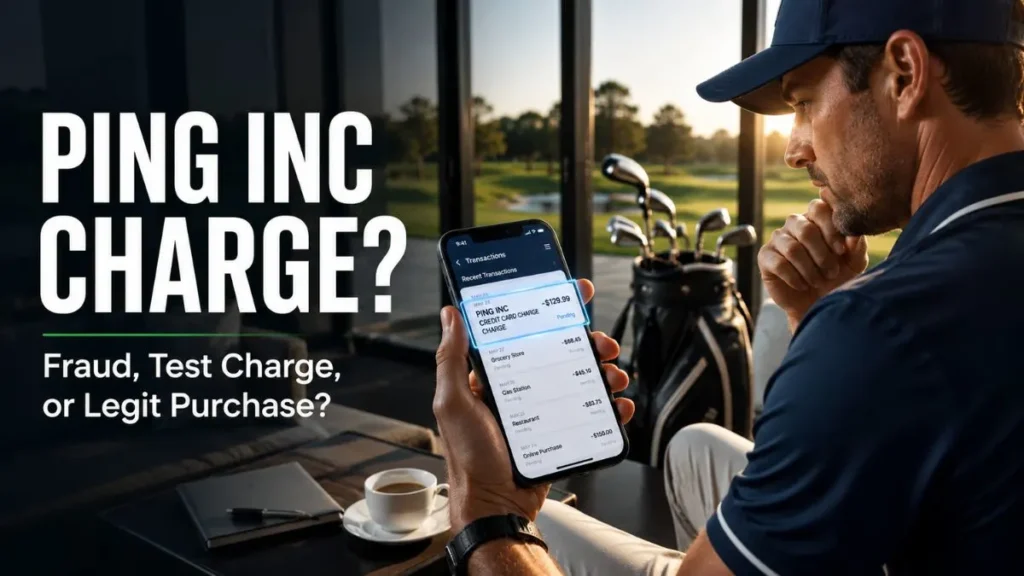 PING INC credit card charge displayed on a banking app as a professional golfer reviews an unfamiliar transaction in a luxury golf club lounge