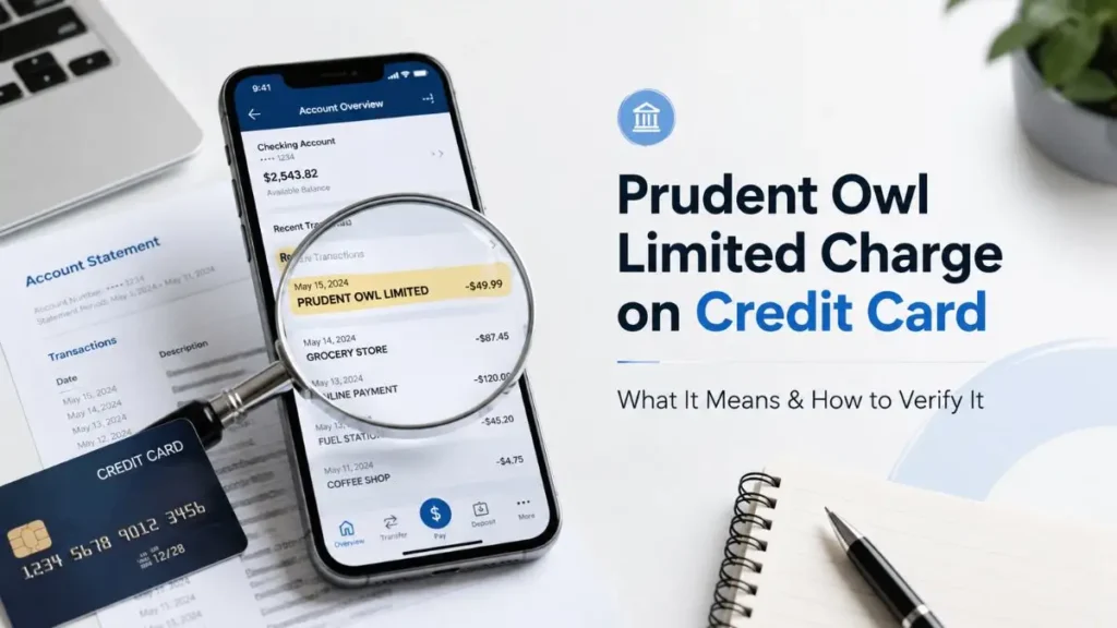 Prudent Owl Limited charge on credit card displayed in a mobile banking app with transaction verification concept