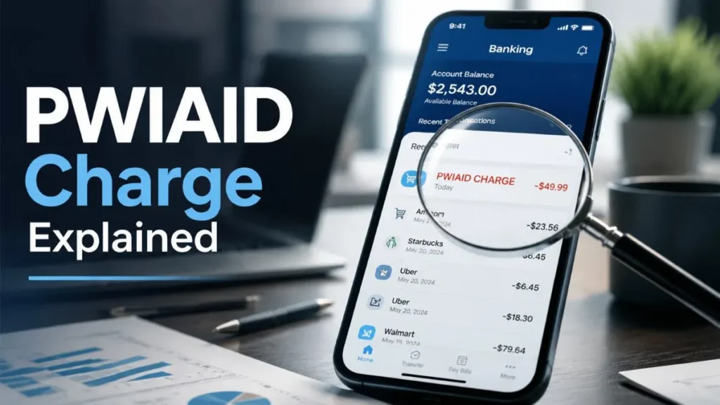 PWIAID charge on credit card explained in a modern banking app interface showing suspicious transaction highlighted on smartphone screen, finance investigation concept for USA users