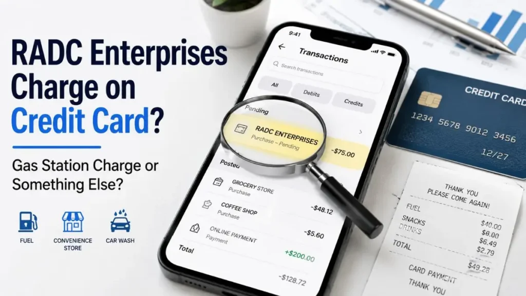 RADC Enterprises charge on credit card displayed on a mobile banking app with a magnifying glass highlighting the transaction.
