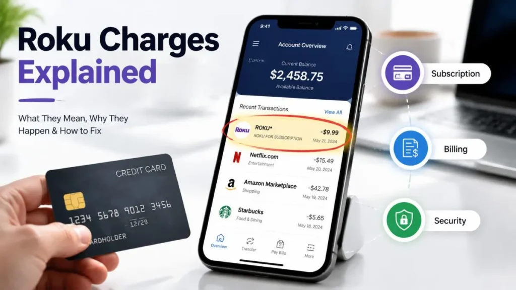 A modern smartphone showing a banking app with a highlighted Roku charge on credit card statement, explaining Roku subscription billing and unknown charges in USA.