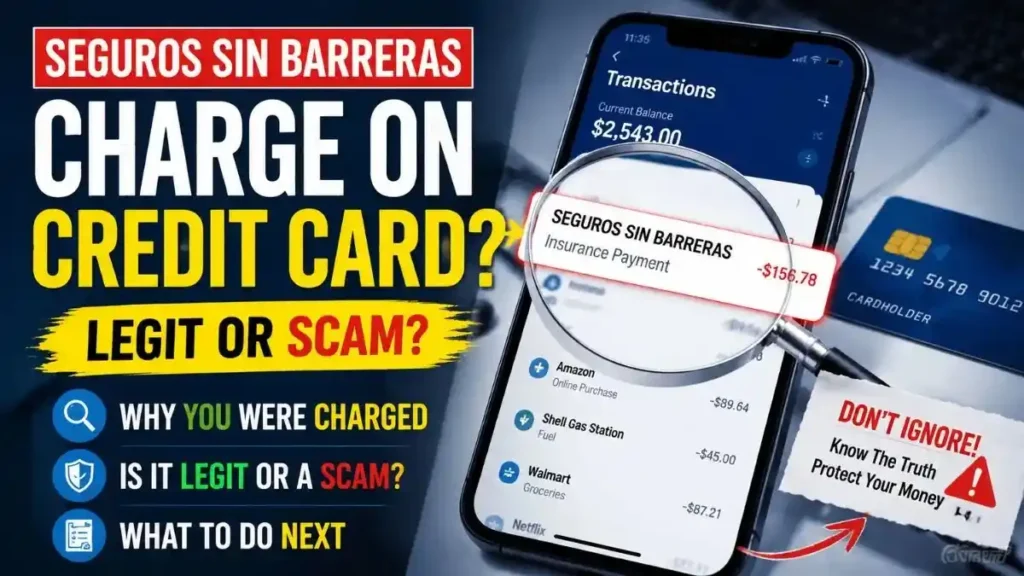 Seguros Sin Barreras charge on credit card explained with smartphone banking screen showing suspicious insurance payment and investigation magnifying glass, legit or scam concept