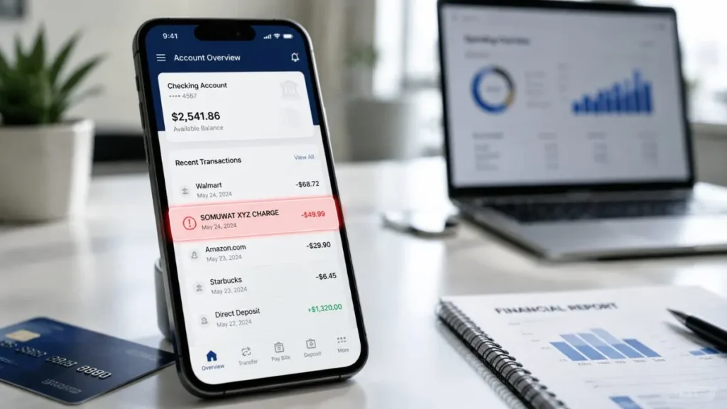 SOMUWAT XYZ charge on credit card shown on mobile banking app highlighting unknown suspicious transaction in USA bank statement