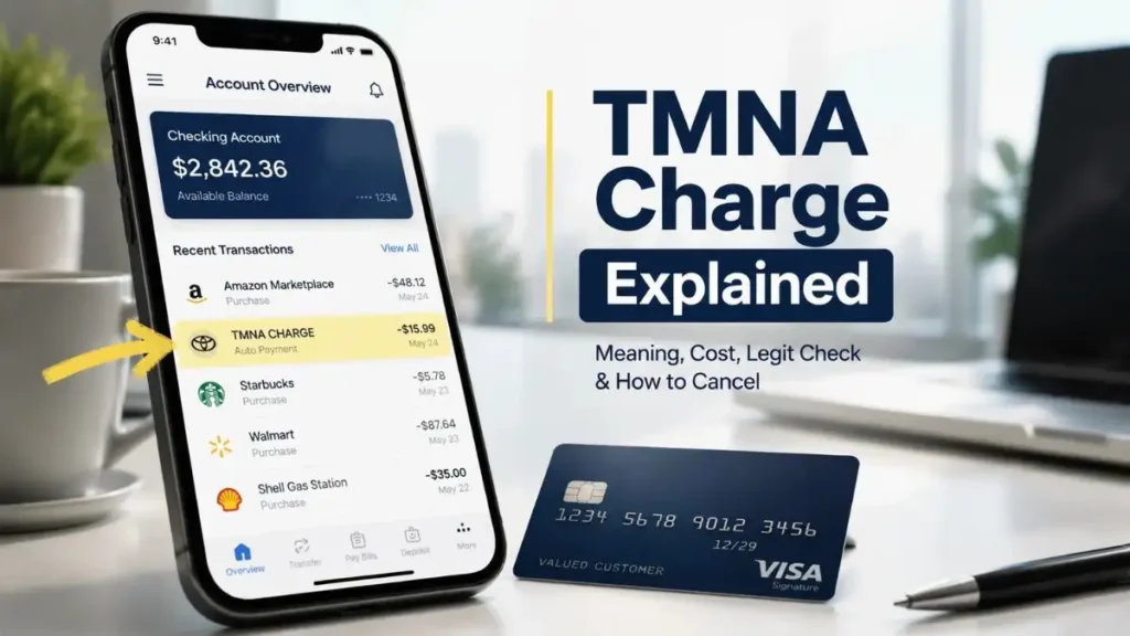 Modern smartphone showing TMNA charge on credit card statement in banking app, explaining Toyota Connected Services subscription billing in USA