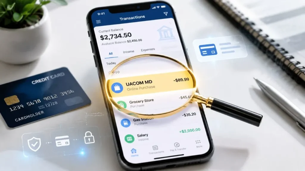 UACOM MD charge on credit card shown on mobile banking app, highlighting Under Armour transaction with magnifying glass for verification