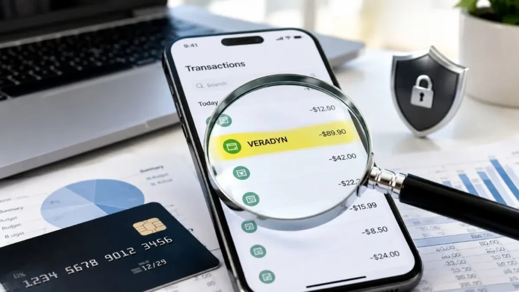 Veradyn charge on credit card transaction displayed on mobile banking app