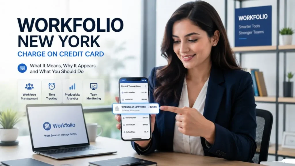 WORKFOLIO NEW YORK charge on credit card displayed on a smartphone with a business professional reviewing a software subscription payment