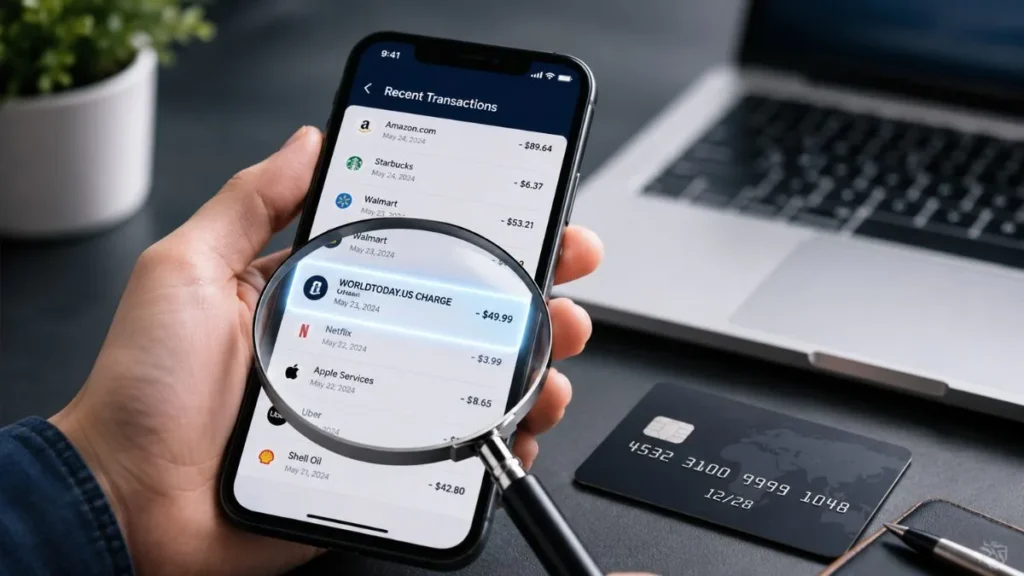 WORLDTODAY.US charge on credit card displayed in a banking app while reviewing an unfamiliar transaction