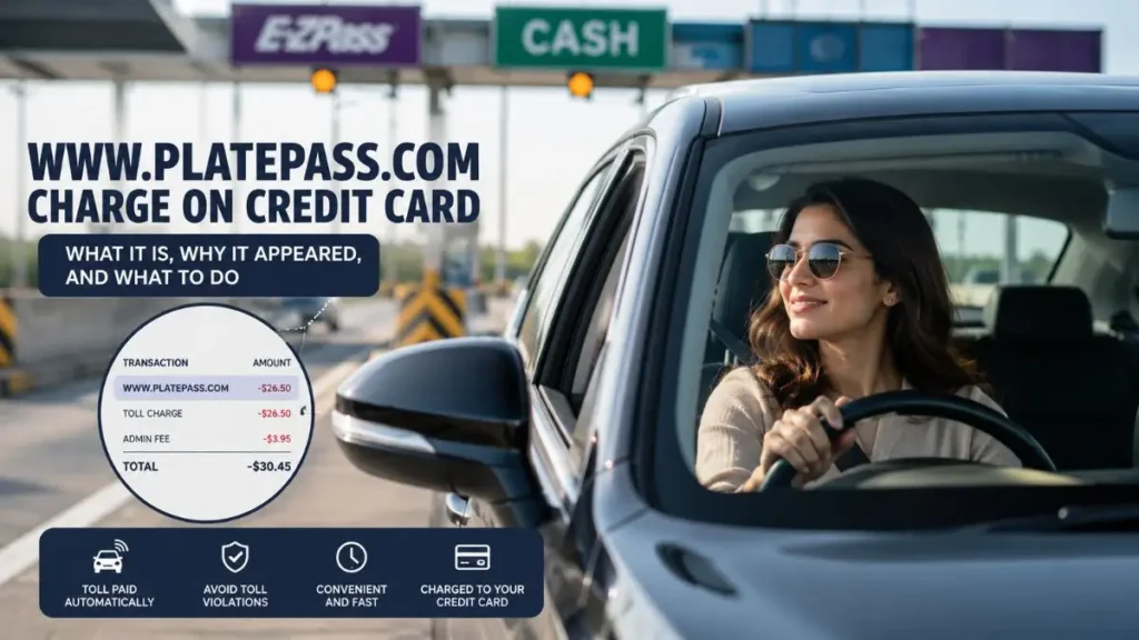 Woman driving a rental car through a toll plaza while explaining a WWW.PLATEPASS.COM charge on credit card related to PlatePass toll payments.