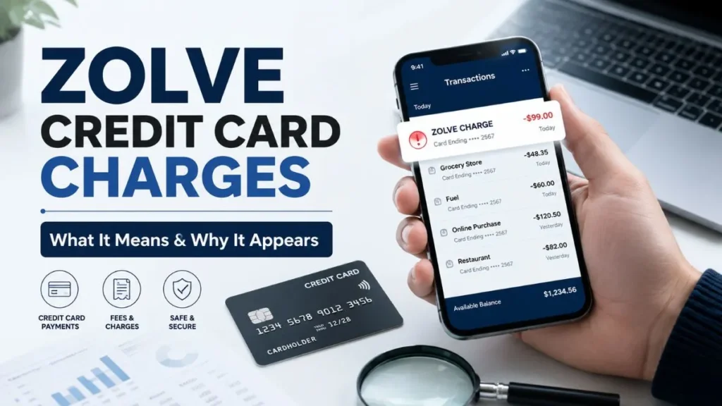 ZOLVE credit card charges displayed on a banking app as a user reviews a transaction on a smartphone with a credit card and financial documents on a desk.