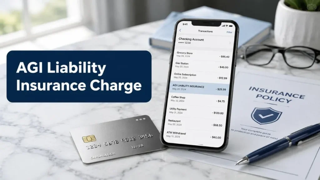AGI Liability Insurance charge on credit card shown in a mobile banking app with an insurance policy document